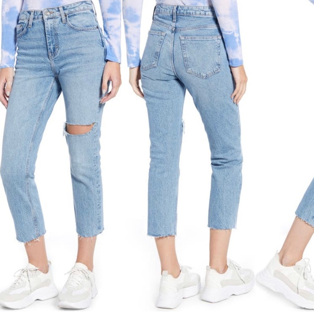 SOLD Topshop Ripped Straight Leg Raw Hem High Rise Jean, Size 30 but fit like 28